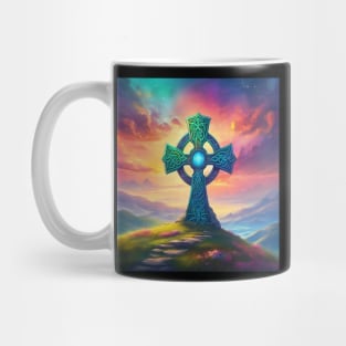 Colorful Ancient Fantasy Celtic Cross set into a grassy hill overlooking mountains. Mug